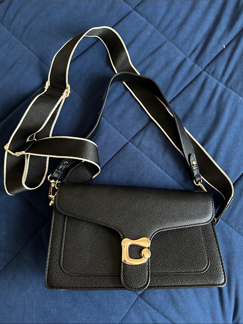 Black faux Leather Crossbody Bag with Gold Hardware